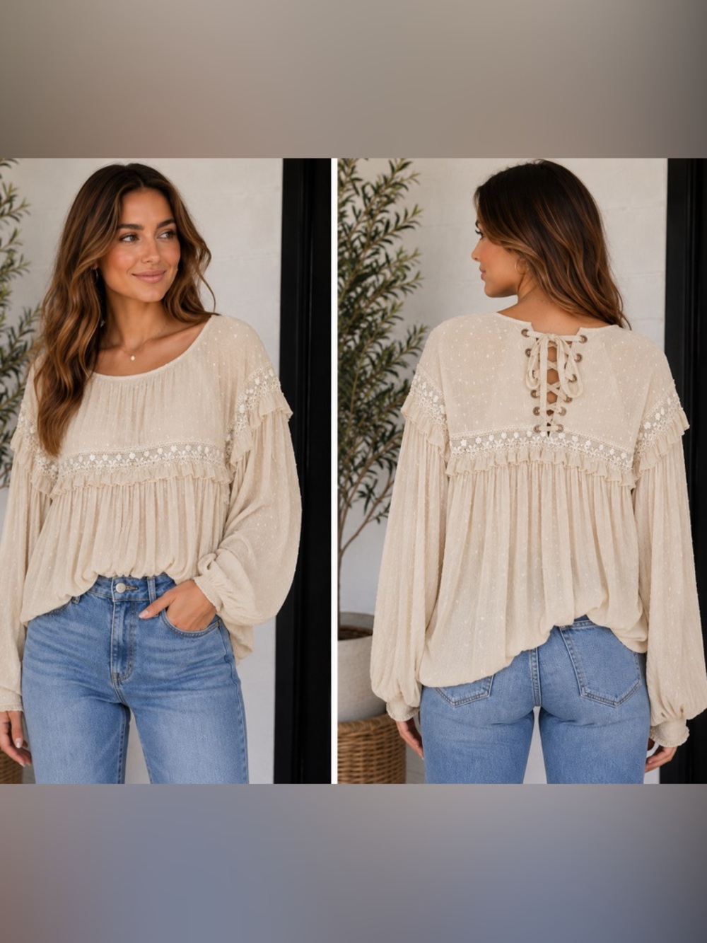 Vine & Love Boho Swiss Dot Lace Ruffle Lace-Up Back Blouse